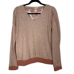 Hem & Thread M Orange Rust Heather Lace Inset Back VNeck Pullover Sweatshirt
